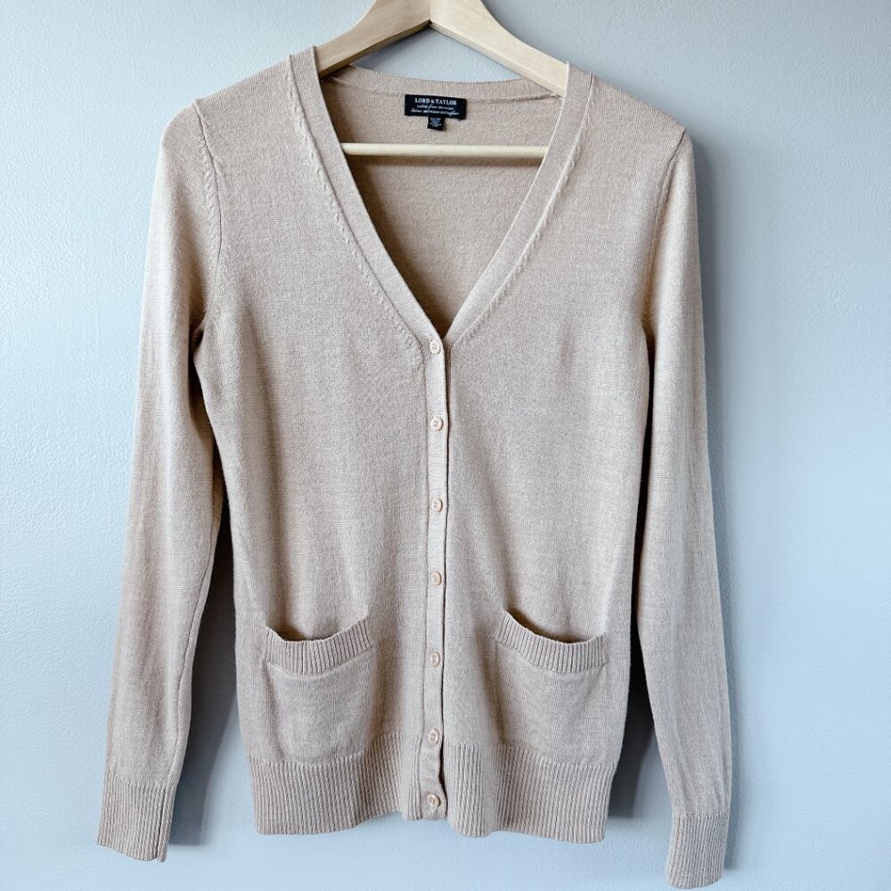 Lord & Taylor 100% Extra fine merino wool cardigan XXS tan beige - Picture 1 of 15